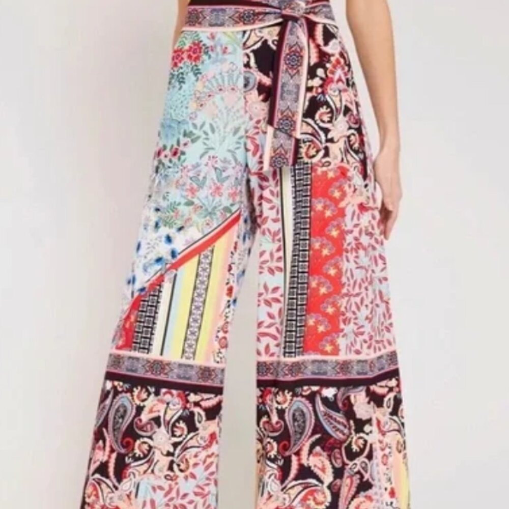 Alice + Olivia Size 8 Floral Wide-Leg Soraya High-Waisted Belted Trouser Pants